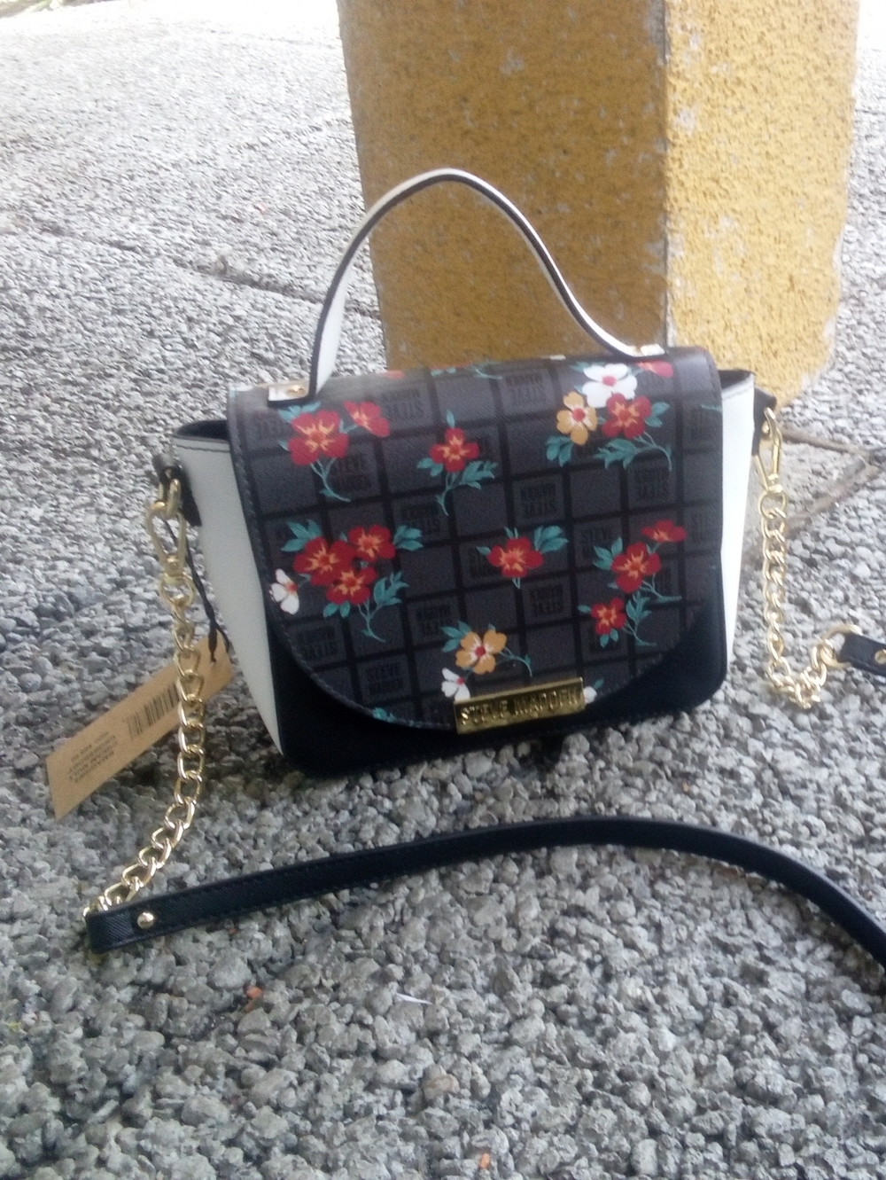 Steve Madden Black Floral Logo Crossbody with Gold Accent
